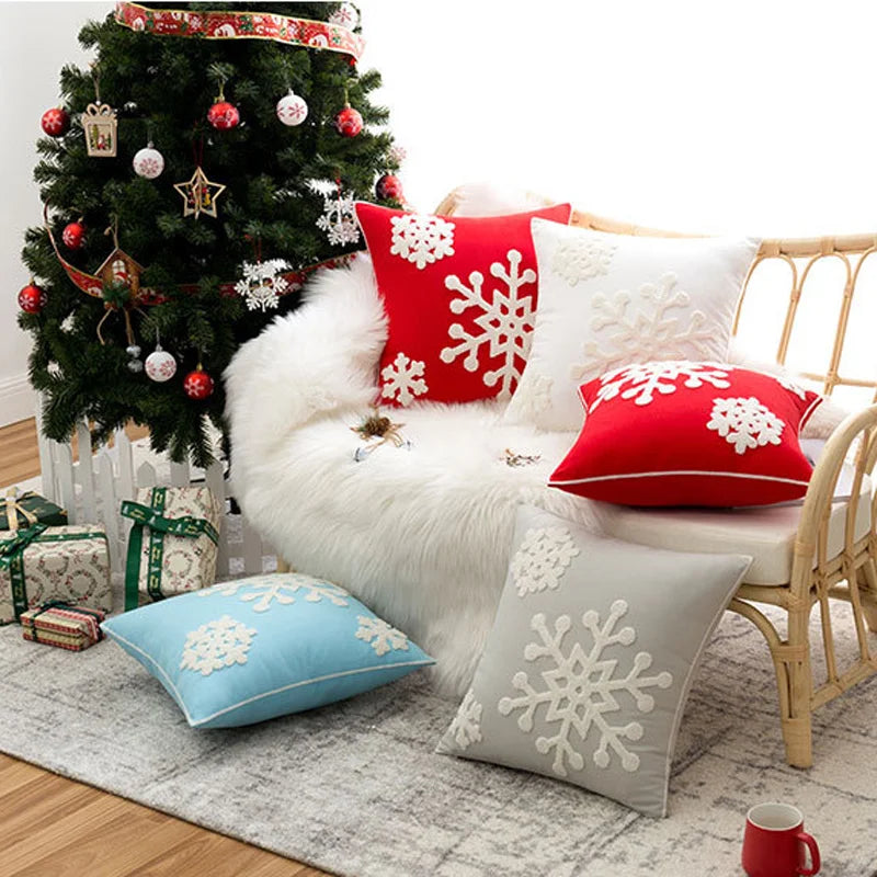 Afralia™ Christmas Snowflake Embroidered Cushion Cover 45x45cm for Home Decor & Noel Party