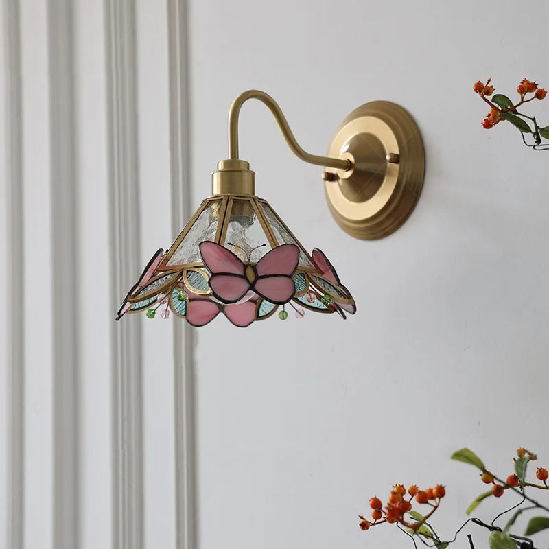 Afralia™ Pink Glass LED Wall Sconce Nordic Brass Fixture