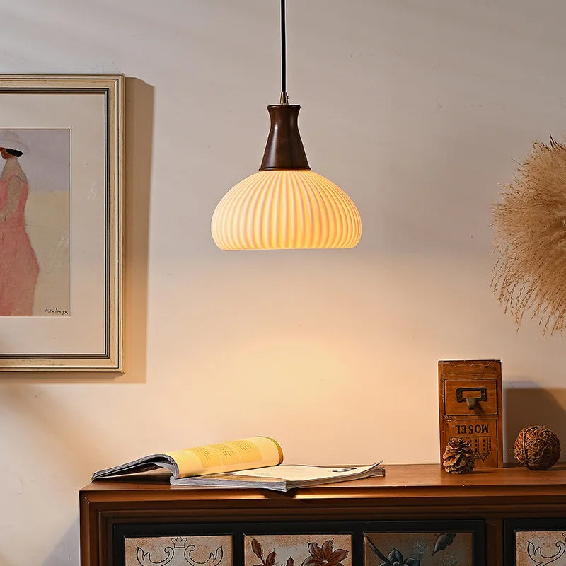 Afralia™ Ceramic Wood LED Pendant Lights Modern Hanging Lamp for Home Decor