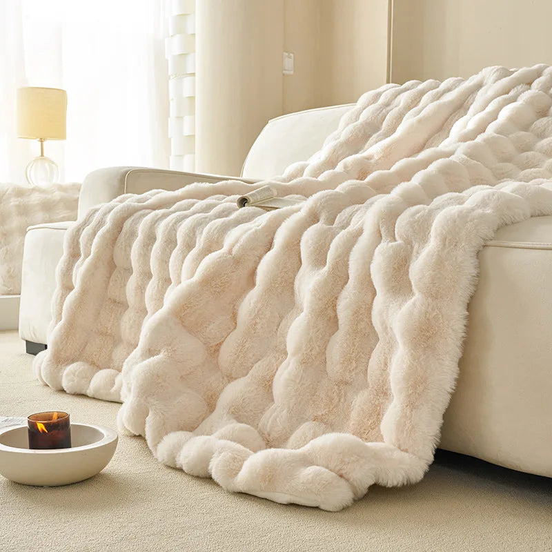 Afralia™ Luxe Faux Rabbit Fur Blanket in Solid Color - Cozy Sofa Cover for Autumn Winter
