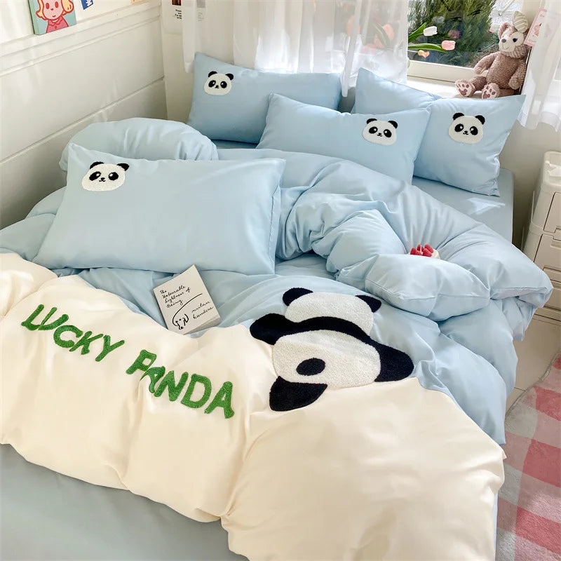Afralia™ Panda Cotton Embroidery Bedding Set for Queen King Size