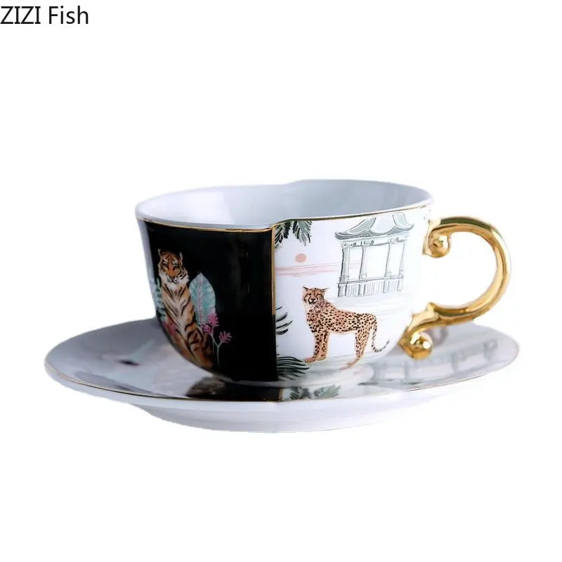 Afralia™ Watercolor Tiger Leopard Ceramic Gold-plated Coffee Tea Cup Embellished Mug