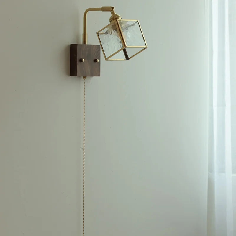 Afralia™ Walnut LED Wall Lights Pull Chain Switch Bedside Lamp Vintage Cube Glass Stair Light