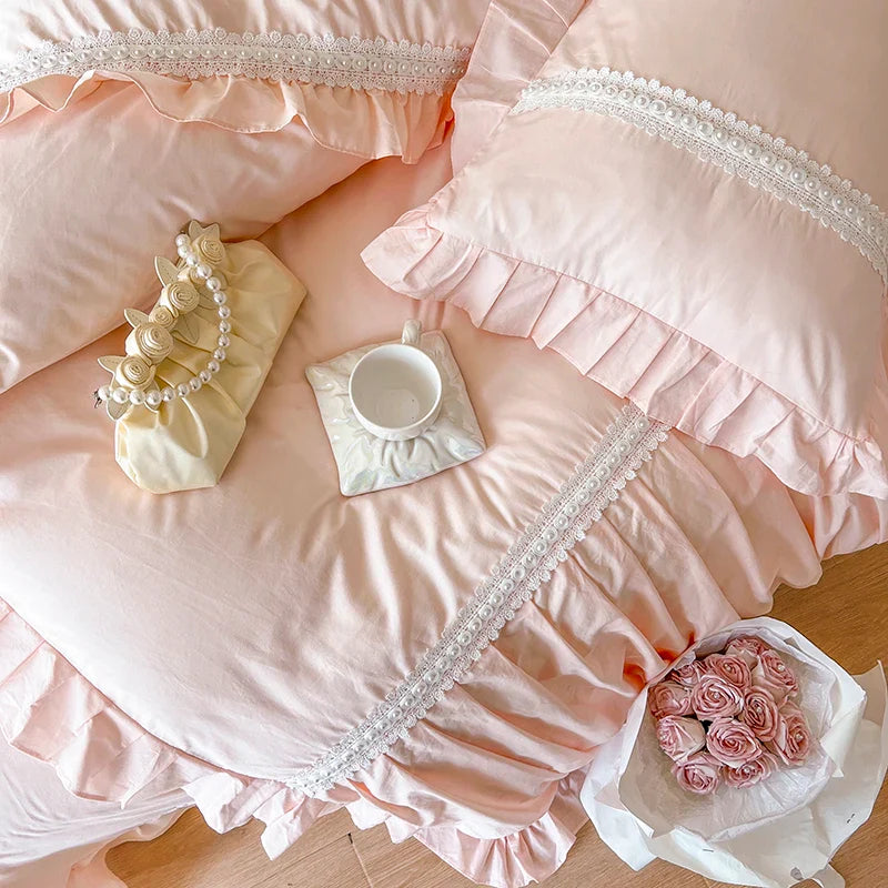 Afralia™ Pleat Ruffles Patchwork Cotton Bedding Set with Pink & White French Style