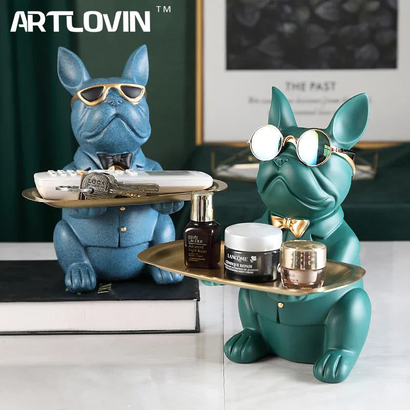 Afralia™ Bulldog Storage Tray Coin Bank Key Holder Modern Statue Figurine
