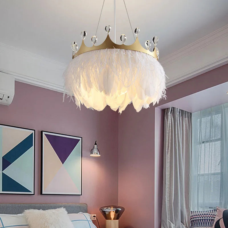 Afralia™ White Feather Pendant Light with Gold Crown & Crystal Decor for Bedroom, E27 Socket