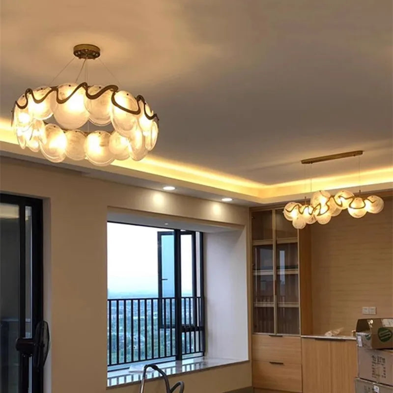 Afralia™ Nordic Gold Iron Pendant Light Disc Chandelier Luxury Glass for Living Room