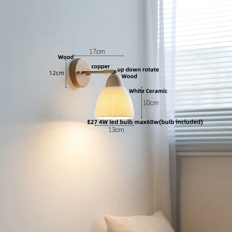 Afralia™ Wood Canopy LED Wall Lights Pull Chain Switch Amber Glass Modern Bedside Sconce
