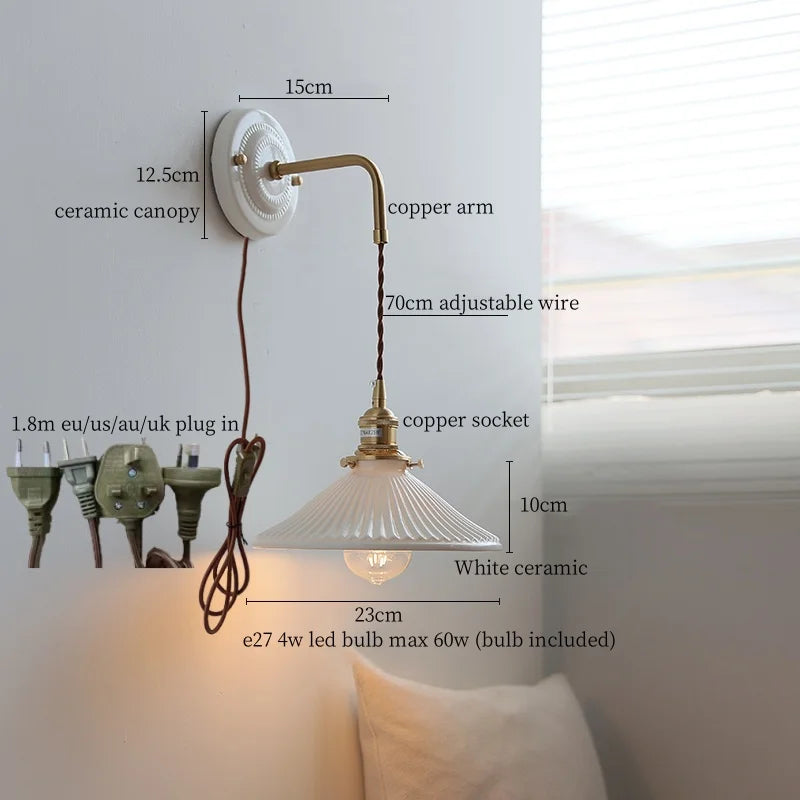 Afralia™ Copper Arm Vintage LED Wall Lamp 70CM Adjustable Wire Living Room Bedroom Light