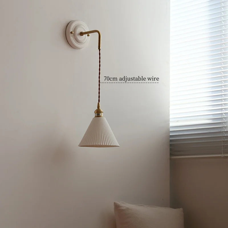 Afralia™ Small Pleats Ceramic LED Wall Light for Bedroom Stair Bathroom with Copper Arm