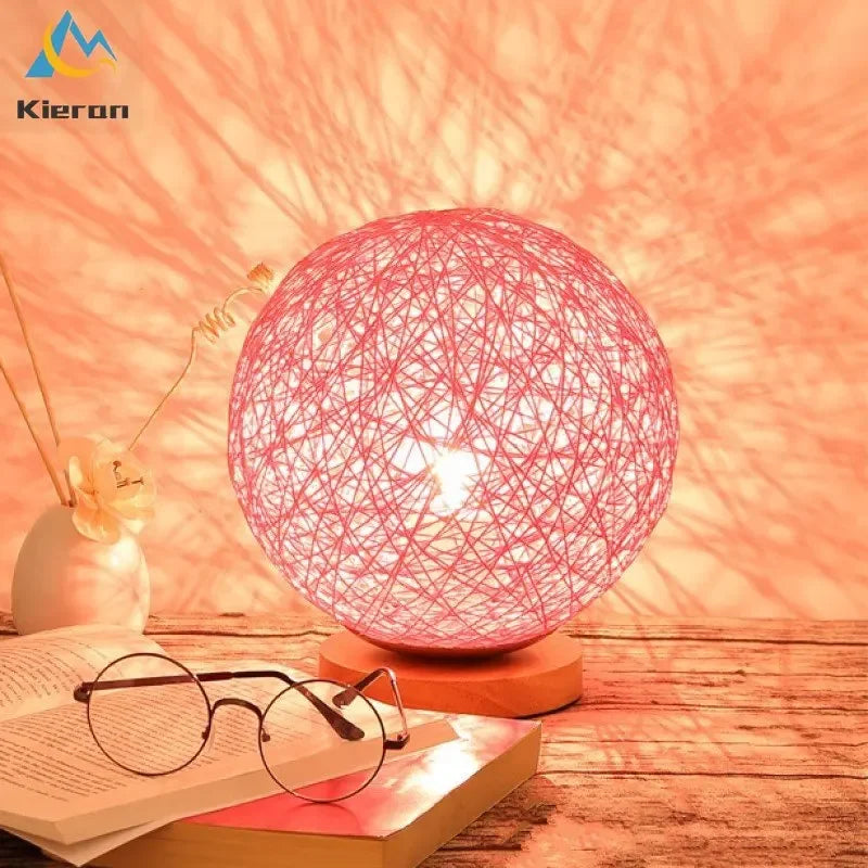 Afralia™ Rattan Ball Solid Wood LED Table Lamp for Living Room and Bedroom