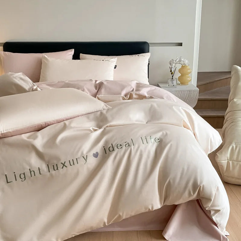 Afralia™ Pure Cotton Embroidered Bed Sets Solid Color Fitted Sheet Kit, Cozy Comforter Sets