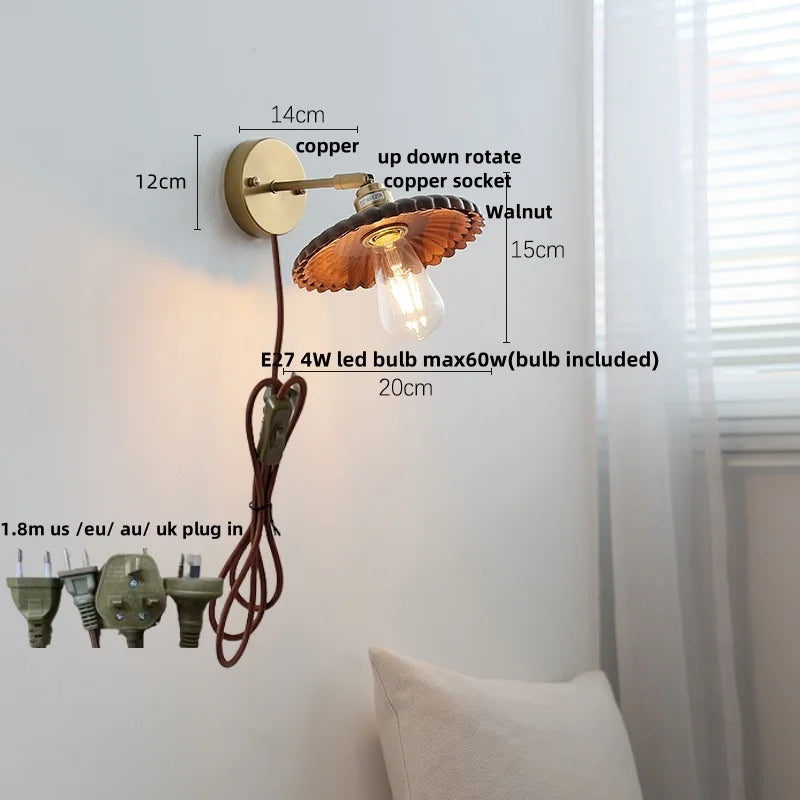 Afralia™ Nordic LED Wall Light Sconce Walnut Wood Copper Pull Chain Switch