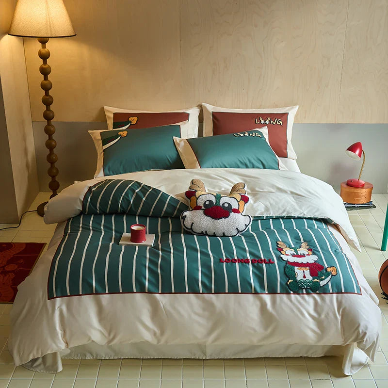 Afralia™ Chinese Embroidered Cotton Bedding Set: King Size Duvet Cover, Sheet, Quilt Cover