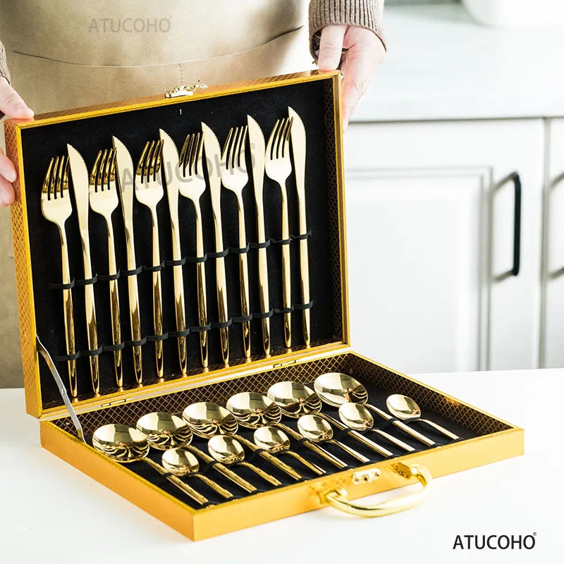 Afralia™ 24-Piece Gold Stainless Steel Cutlery Set - Elegant Tableware Gift Box