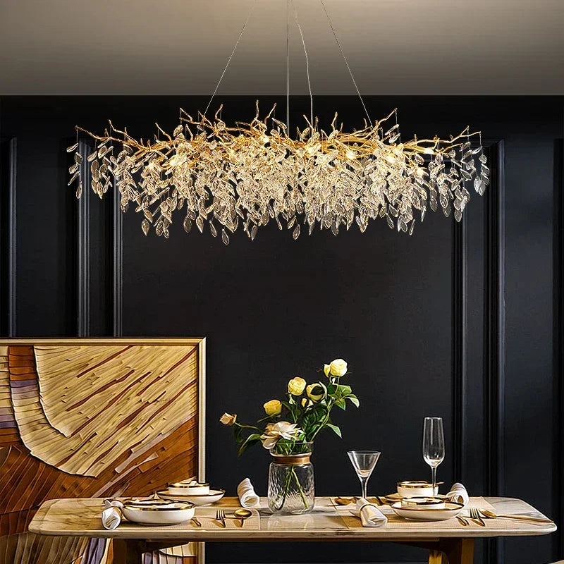 Afralia™ Crystal Branch LED Pendant Chandelier - Gold Suspend Lamp for Luxury Dining Room