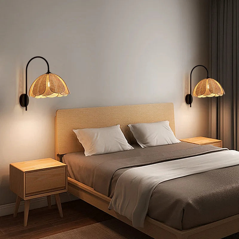 Afralia™ Rattan Weave Wall Lamp: Korean Style, Bedroom & Reading Lighting (Black Metal)