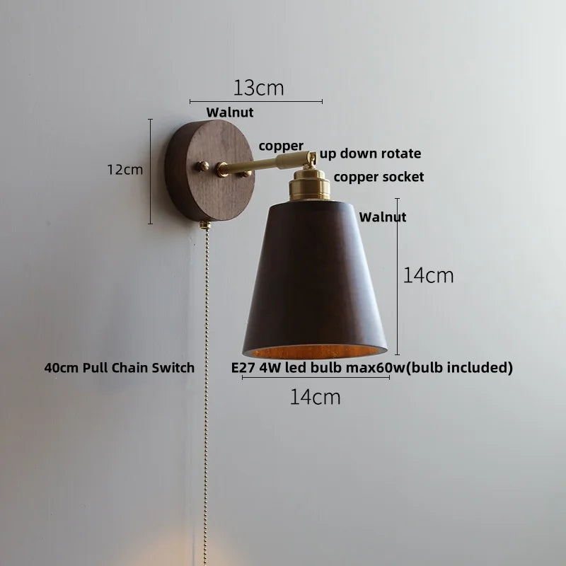 Afralia™ Clear Glass LED Wall Light Fixture Walnut Wood Pull Chain Switch Nordic Modern Wall Lamp