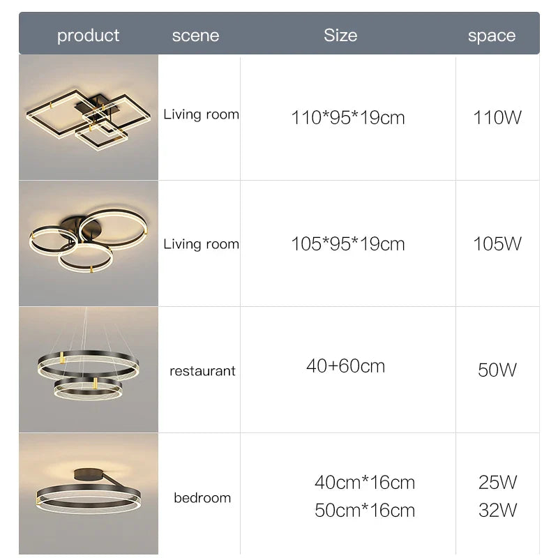 Afralia™ Modern Black Round Chandelier Rings LED Ceiling Light for Home Decoration