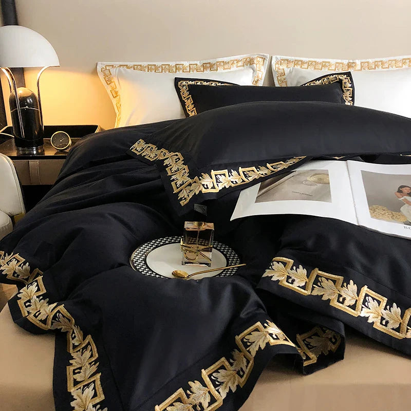 Afralia™ Luxury Black Gold Embroidery Bedding Set - Queen King Size Bed Linen Pillowcases