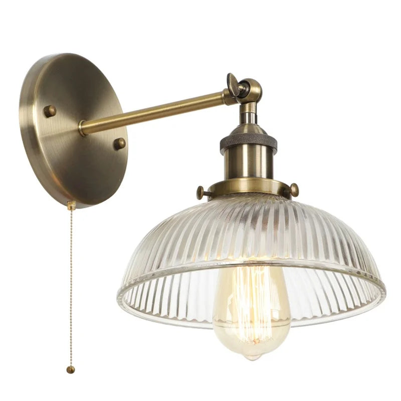 Afralia™ Vintage Industrial Glass Wall Sconce LED Light Fixture with Pull Chain Switch