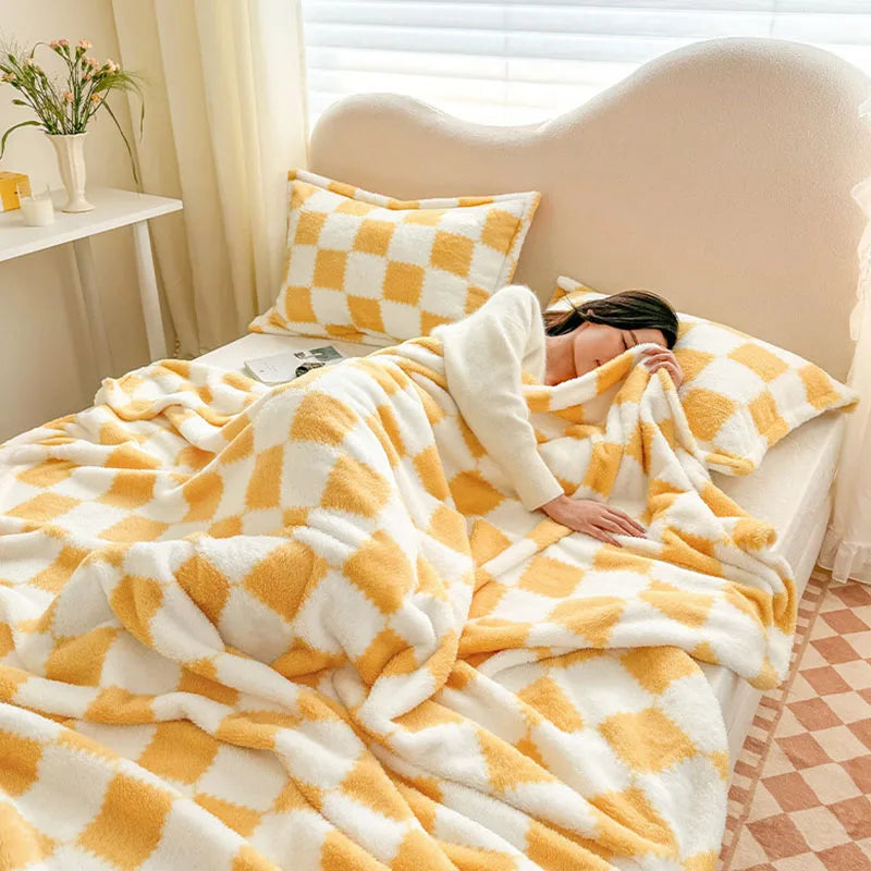 Afralia™ Nordic Grid Checkerboard Coral Fleece Blanket - All Season Sofa Cover for Adults