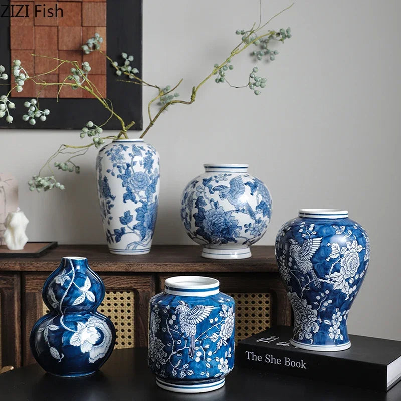 Afralia™ Blue Porcelain Vase: Flowers and Birds Pattern Table Decor Floral Vases Room Aesthetic