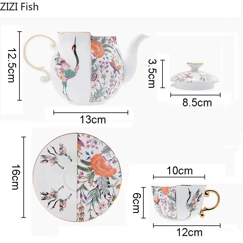 Fairy Crane Pattern Ceramic Tea Set with Gold-plated Accents by Afralia™