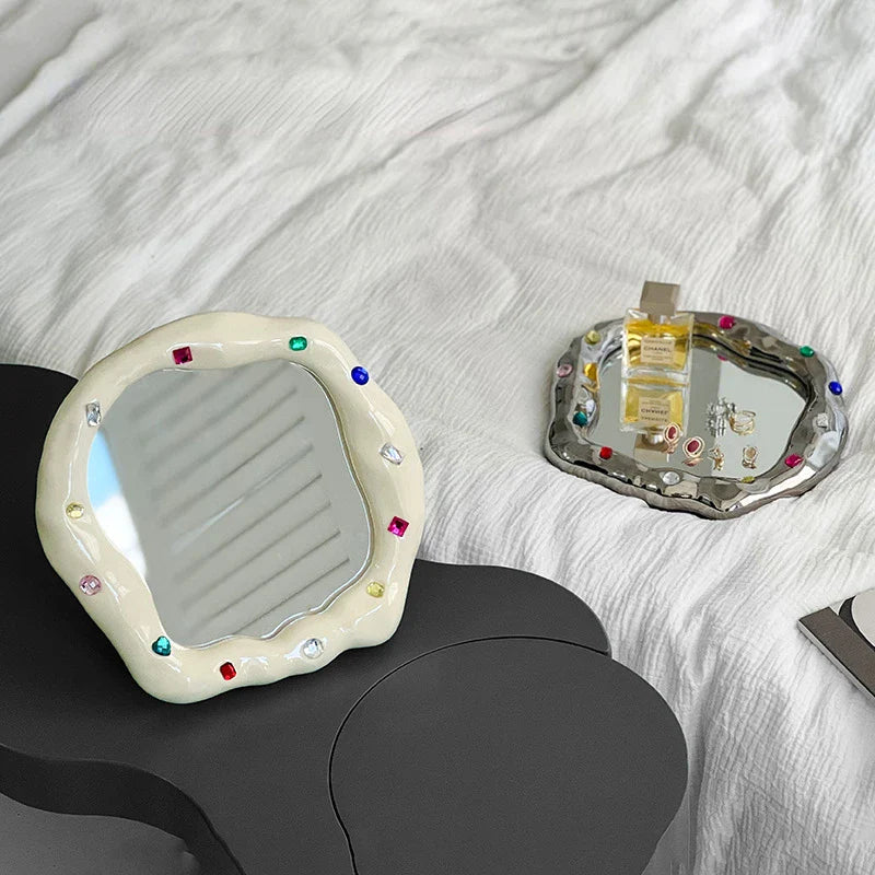 Afralia™ Irregular Edge Ceramic Makeup Mirror - Colored Stone Design - Home Decor