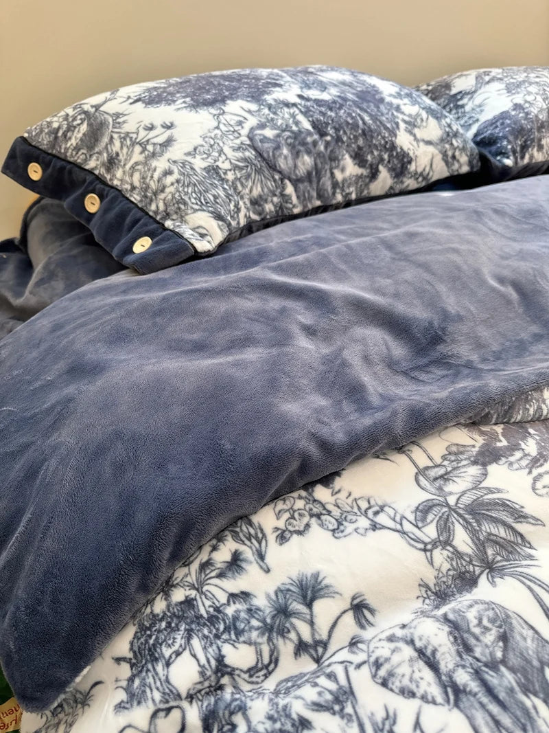 Afralia™ Forest Plants Prints Velvet Bedding Set, Winter Warm, 4Pcs: Duvet Cover, Sheet, Pillowcases