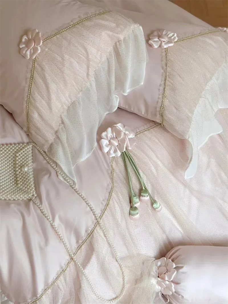Afralia™ Princess 1000TC Egyptian Cotton Bedding Set with Handmade Flowers & Lace Ruffles
