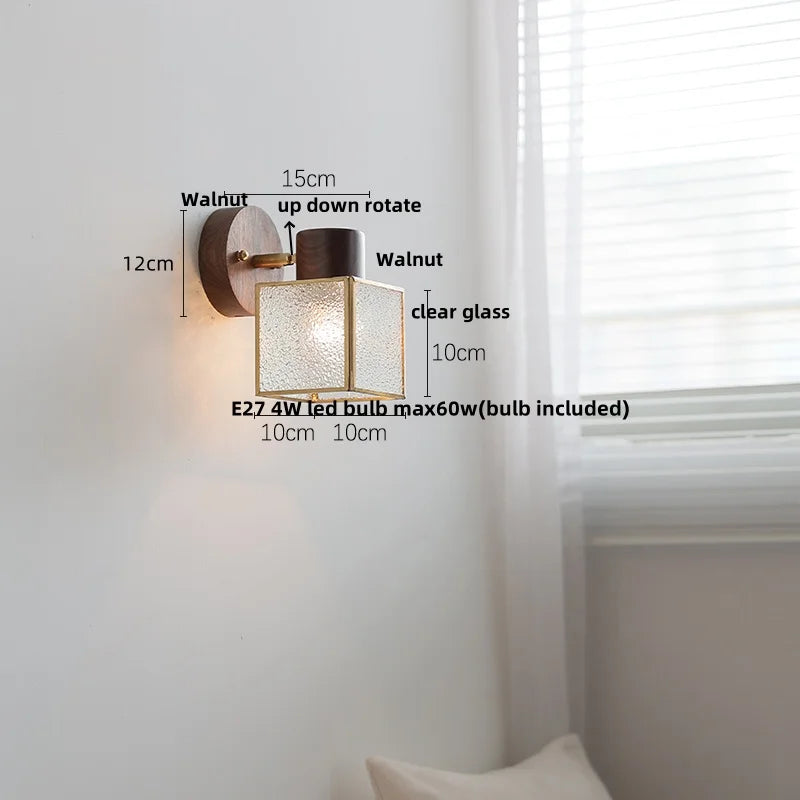 Afralia™ Clear Glass LED Wall Sconce Walnut Wood Bedroom Living Room Modern Fixture