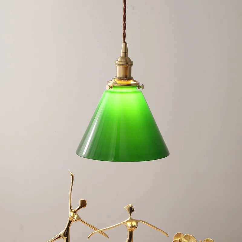 Afralia™ Copper Canopy LED Pendant Light Fixture Green Glass Hanging Lamp