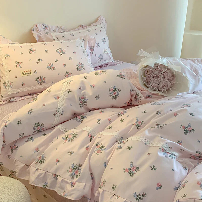 Afralia™ Princess Pastoral Cotton Bedding Set with Lace Ruffles & Floral Design