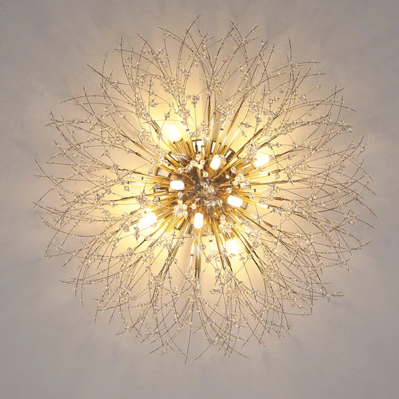 Afralia™ Golden Dandelion Crystal Chandelier: Warm Nordic LED Ceiling Lamp for Romantic Living Room.