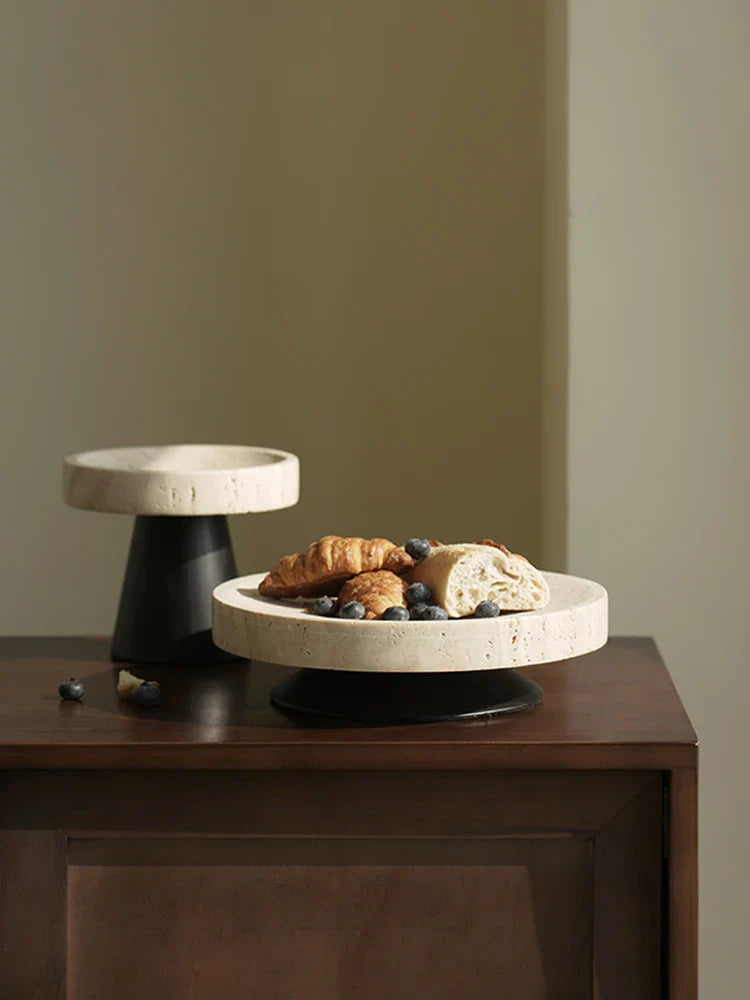 Afralia™ Luxury Travertine Fruit Tray & Marble Salad Bowl Set on Pedestal Stand