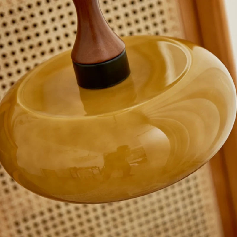 Afralia™ Vintage Amber LED Pendant Light Fixture Wood Glass Loft Adjustable Hang Lamp