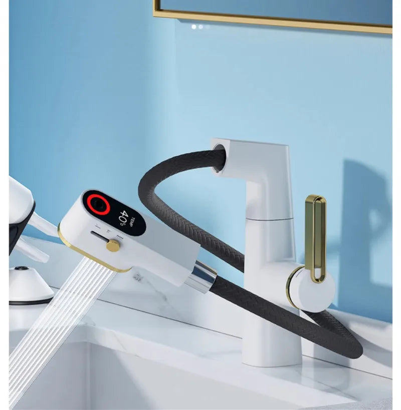 Afralia™ LED Basin Faucet Pull Out White Gold Water Mixer Sink Tap