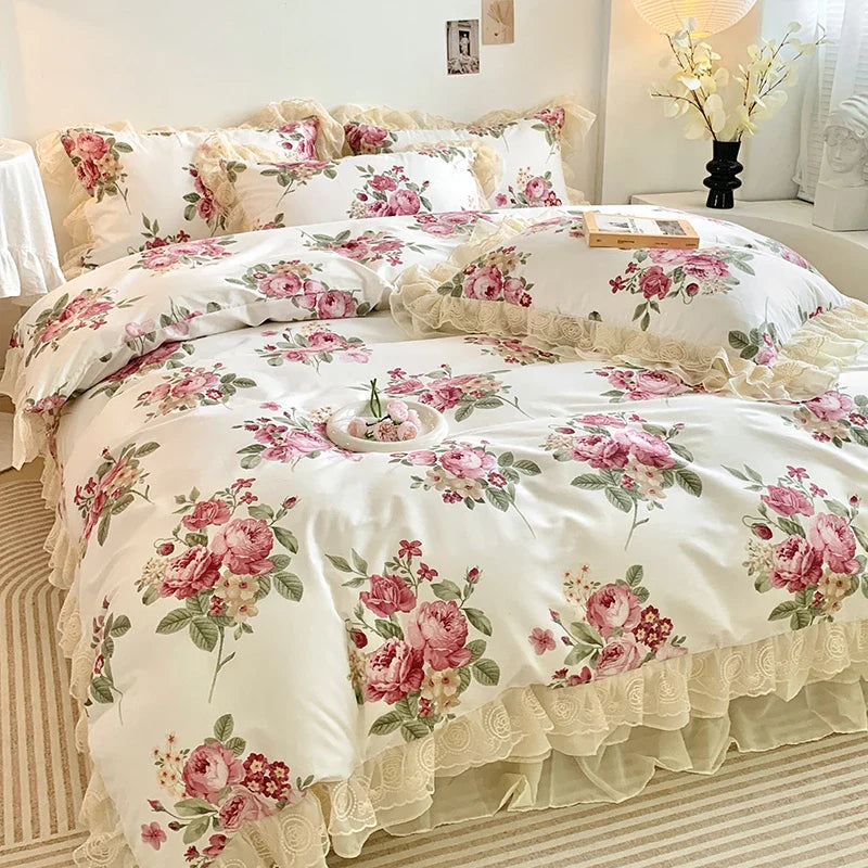Afralia™ Vintage Rose Floral Double Layer Lace Ruffles 100% Cotton Bedding Set