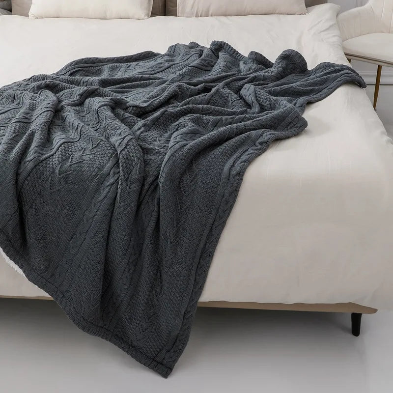 Afralia™ Cozy Double Layer Dark Gray Fishbone Knit Blanket - Versatile Autumn Winter Sofa Cover