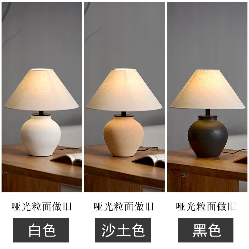 Afralia™ Zen Ceramic Pottery Lamp - New Chinese Style Retro Bedside Table Lamp