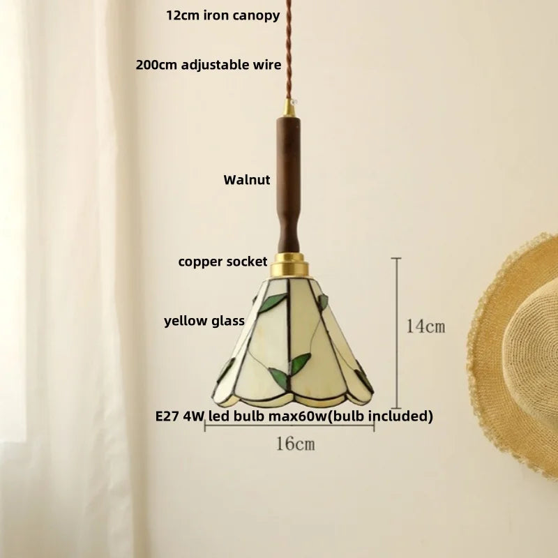 Afralia™ Modern LED Glass Pendant Light Fixture Walnut Wood Hang Lamp