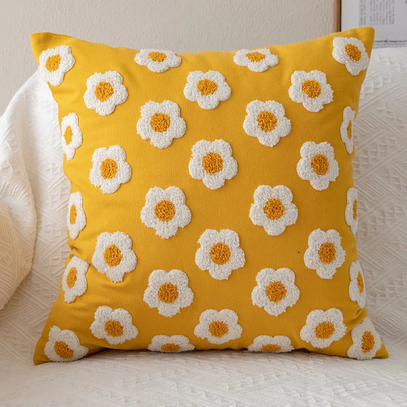 Afralia™ Embroidered Flora Cotton Canvas Pillow Cover 30x50cm Yellow Zigzag Sham