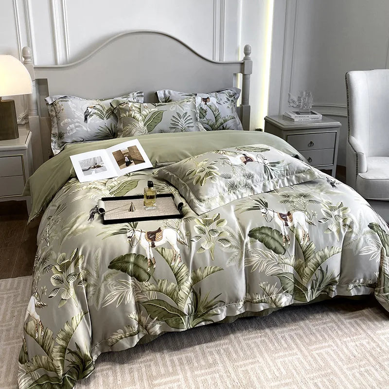 Afralia™ Ice Silk Plant Printed Bedding Set - Fashionable & Cool Comforter for Naked Sleep