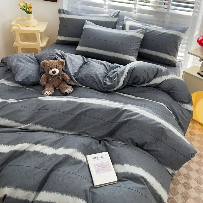 Afralia™ Pure Cotton Striped Bedding Set Duvet Cover Fitted Sheet Kit for Single/Double