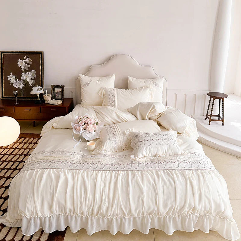 Afralia™ Flowers Embroidery Princess Wedding Lace Bedding Set 1200TC Cotton Duvet Cover Flat Sheet Pillowcases