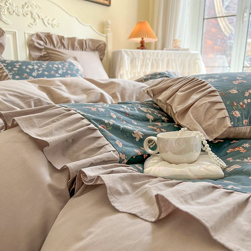 Afralia™ Vintage Floral Cotton Bedding Set with Pleat Ruffles and Duvet Cover