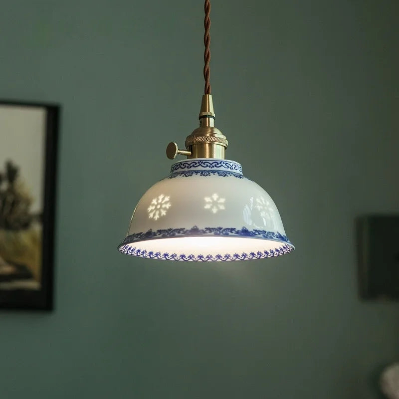 Afralia™ Patterned Ceramic LED Pendant Lamps Vintage Copper Hanging Light for Dining Living Room