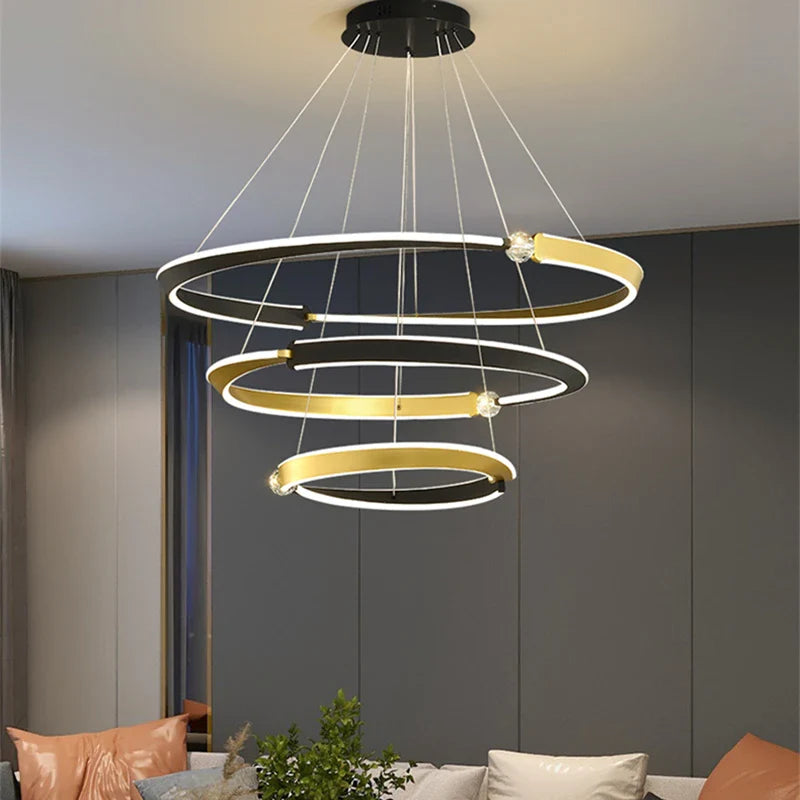 Afralia™ Black Gold LED Ceiling Chandelier Crystal Decorative Pendant Lamp for Dining Room Bedroom