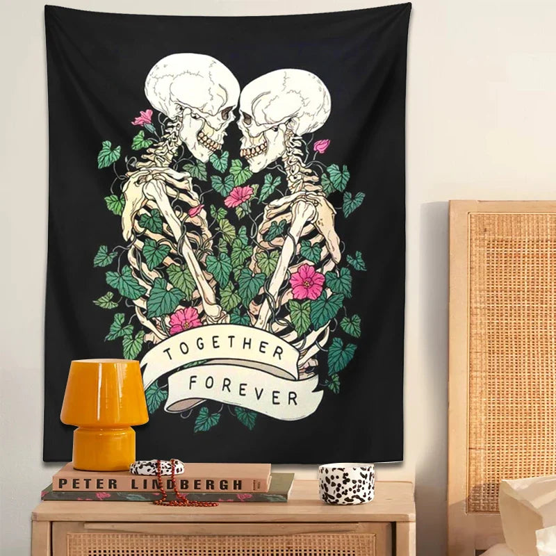 Afralia™ Lover Skeleton Tapestry Wall Hanging With Rose Flower Psychedelic Boho Blanket